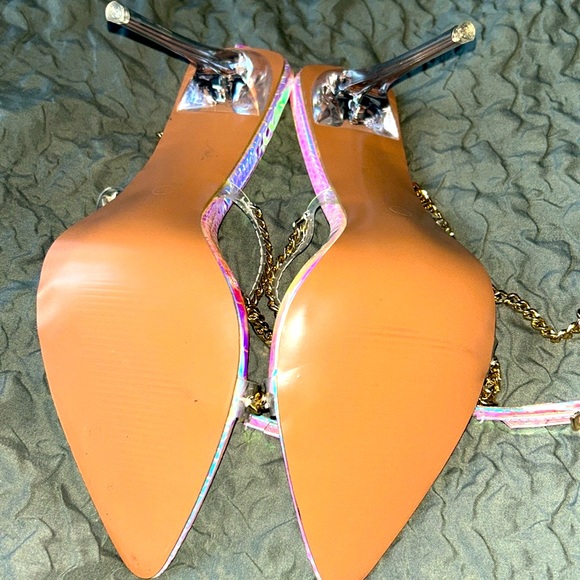 Fashion Nova high heeled brand new Silver, purple and gold chain sandal size 10 - Picture 3 of 5